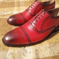 Trendy Men's Hand Made Oxfords Cap Toe Lace Up Leather Shoes - Thumbnail 1