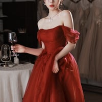 Burgundy tulle long prom dress A line evening dress - Thumbnail 1