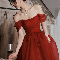 Burgundy tulle long prom dress A line evening dress - Thumbnail 2