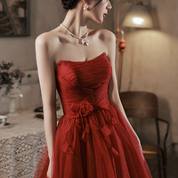 Burgundy tulle long prom dress A line evening dress - Thumbnail 3