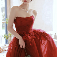 Burgundy tulle long prom dress A line evening dress - Thumbnail 4