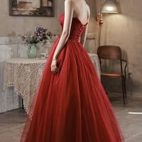 Burgundy tulle long prom dress A line evening dress - Thumbnail 5