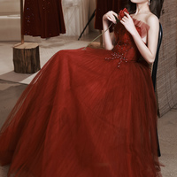 Burgundy tulle long prom dress A line evening dress - Thumbnail 6
