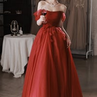 Burgundy tulle long prom dress A line evening dress - Thumbnail 7