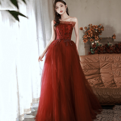 Burgundy lace long prom dress a line evening dress - Thumbnail 1