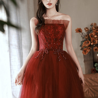 Burgundy lace long prom dress A line evening dress - Thumbnail 3