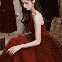 Burgundy lace long prom dress A line evening dress - Thumbnail 4