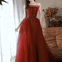 Burgundy lace long prom dress A line evening dress - Thumbnail 6