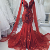 Red V Neck Prom Dresses Cape with Lace Applique - Thumbnail 2