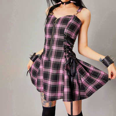 Pastel pink plaid checkboard lace up zip up midi dress