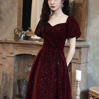 Burgundy velvet long prom dress A line evening dress - Thumbnail 1