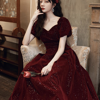 Burgundy velvet long prom dress A line evening dress - Thumbnail 2