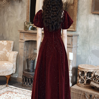 Burgundy velvet long prom dress A line evening dress - Thumbnail 3