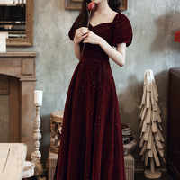 Burgundy velvet long prom dress A line evening dress - Thumbnail 4