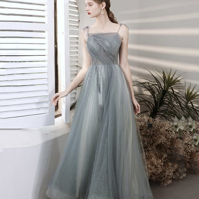 Gray tulle beads long prom dress a line evening dress - Thumbnail 2