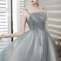 Gray tulle beads long prom dress A line evening dress - Thumbnail 1