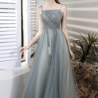 Gray tulle beads long prom dress A line evening dress - Thumbnail 4
