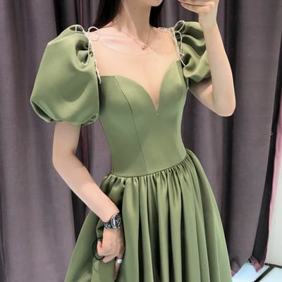 Green satin long prom dress a line evening dress - Thumbnail 2