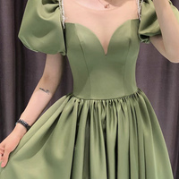 Green satin long prom dress A line evening dress - Thumbnail 1