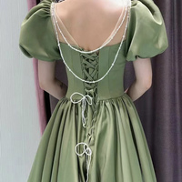 Green satin long prom dress A line evening dress - Thumbnail 2