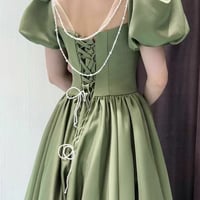 Green satin long prom dress A line evening dress - Thumbnail 3