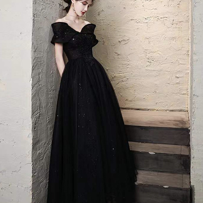 Black tulle lace long prom dress a line evening dress - Thumbnail 2
