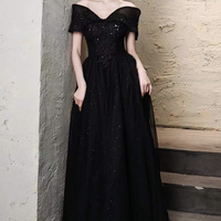 Black tulle lace long prom dress A line evening dress - Thumbnail 1