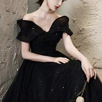 Black tulle lace long prom dress A line evening dress - Thumbnail 2
