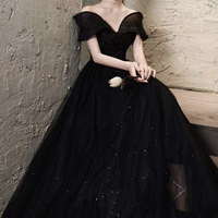 Black tulle lace long prom dress A line evening dress - Thumbnail 3