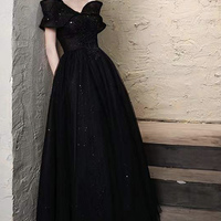 Black tulle lace long prom dress A line evening dress - Thumbnail 6