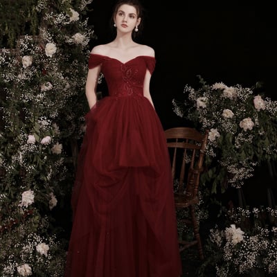 Burgundy tulle beads long prom dress a line evening dress - Thumbnail 2