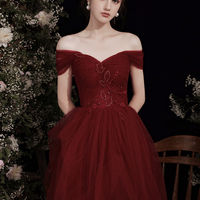 Burgundy tulle beads long prom dress A line evening dress - Thumbnail 1