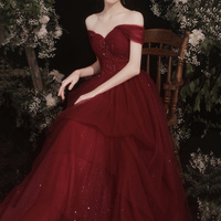 Burgundy tulle beads long prom dress A line evening dress - Thumbnail 3