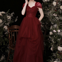 Burgundy tulle beads long prom dress A line evening dress - Thumbnail 4