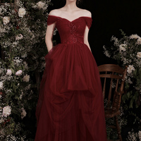 Burgundy tulle beads long prom dress A line evening dress - Thumbnail 5