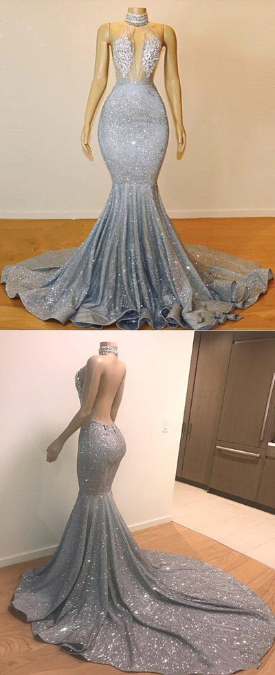 Sparkly O Neck Beaded Long Mermaid Backless Prom Dress Sexy Evening Dress,1419