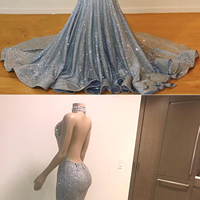 Sparkly O Neck Beaded Long Mermaid Backless Prom Dress Sexy Evening Dress,1419 - Thumbnail 1
