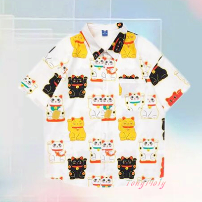 Maneki neko plutus cat full print blouse shirts