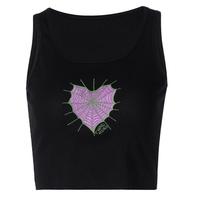 Spider Web Embroidery Sleeveless Black Vest Top - Thumbnail 1