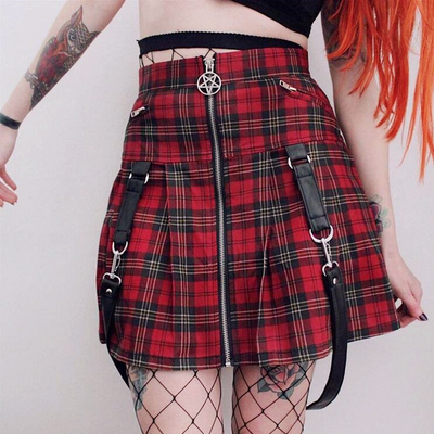 Red checkboard plaid star zip up strap a-line skirt