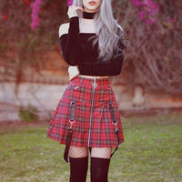 Red Checkboard Plaid Star Zip up Strap A-line Skirt - Thumbnail 1