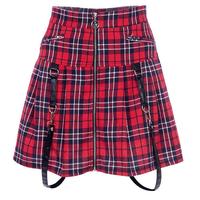 Red Checkboard Plaid Star Zip up Strap A-line Skirt - Thumbnail 2