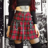 Red Checkboard Plaid Star Zip up Strap A-line Skirt - Thumbnail 3