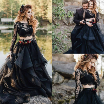 Two piece black wedding dresses top lace - Thumbnail 3