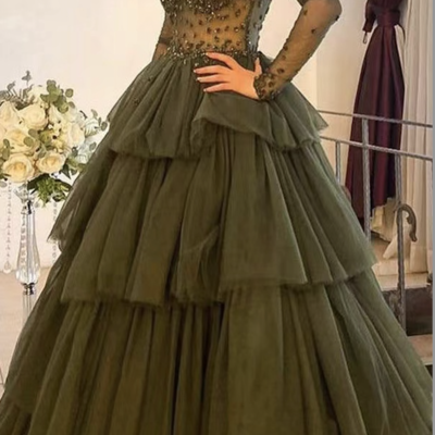 Dark olive green prom dresses with beading - Thumbnail 1