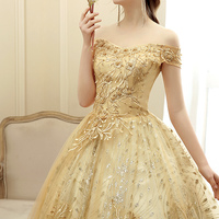 Gold tulle lace long ball gown dress formal dress - Thumbnail 2
