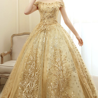 Gold tulle lace long ball gown dress formal dress - Thumbnail 3