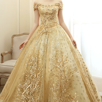 Gold tulle lace long ball gown dress formal dress - Thumbnail 4