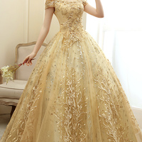 Gold tulle lace long ball gown dress formal dress - Thumbnail 7