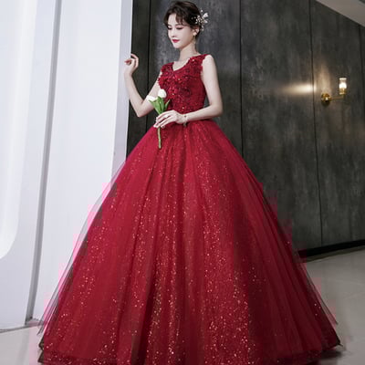 Burgundy tulle sequins long prom dress a line evening dress - Thumbnail 1